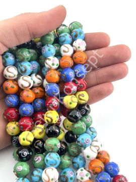 Murano Çiçek Kabartmalı Dizi Cam Boncuk 12 mm Karışık Renkli