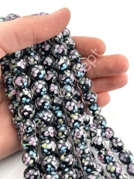 Murano İçten Çiçekli Dizi Cam Boncuk 12 mm Siyah