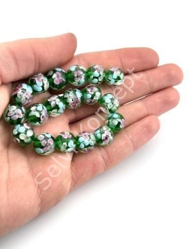 Murano İçten Çiçekli Dizi Cam Boncuk 12 mm Koyu Yeşil