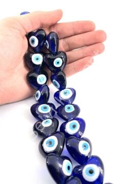Kalp Dizi Cam Nazar Boncuğu Lacivert 30 mm