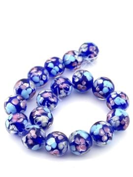 Murano İçten Çiçekli Dizi Cam Boncuk 12 mm Lacivert