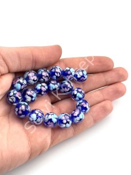 Murano İçten Çiçekli Dizi Cam Boncuk 12 mm Lacivert