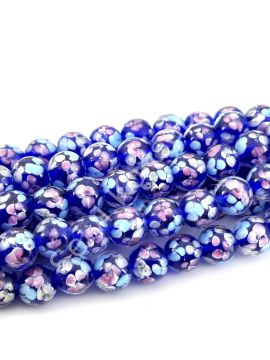 Murano İçten Çiçekli Dizi Cam Boncuk 12 mm Lacivert