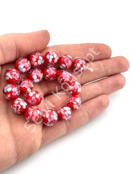 Murano İçten Çiçekli Dizi Cam Boncuk 12 mm Kırmızı