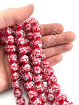 Murano İçten Çiçekli Dizi Cam Boncuk 12 mm Kırmızı