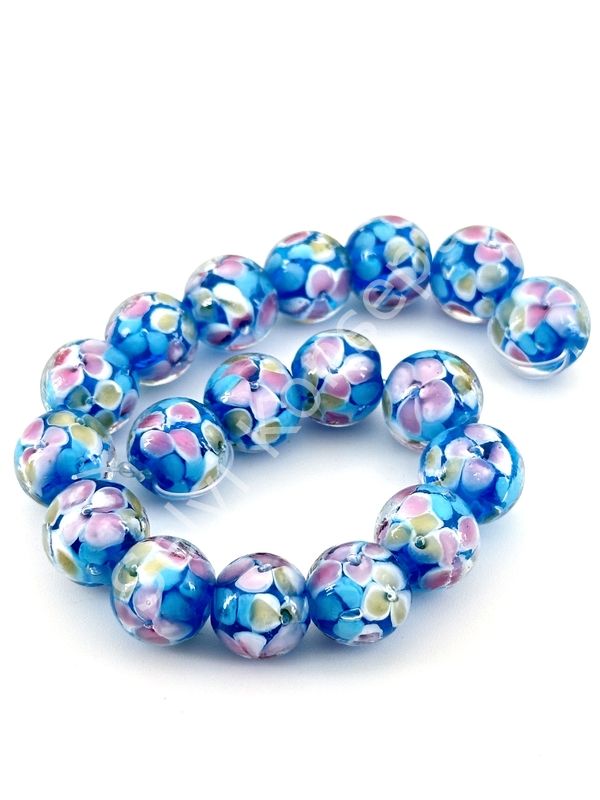 Murano İçten Çiçekli Dizi Cam Boncuk 12 mm Gök Mavi