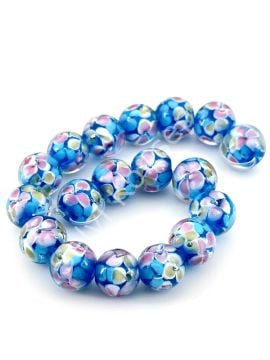 Murano İçten Çiçekli Dizi Cam Boncuk 12 mm Gök Mavi
