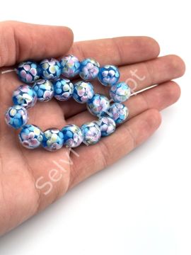 Murano İçten Çiçekli Dizi Cam Boncuk 12 mm Gök Mavi