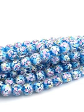 Murano İçten Çiçekli Dizi Cam Boncuk 12 mm Gök Mavi