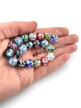 Murano İçten Çiçekli Dizi Cam Boncuk 12 mm Karışık Renkli