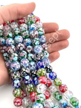 Murano İçten Çiçekli Dizi Cam Boncuk 12 mm Karışık Renkli