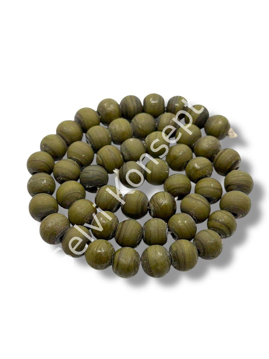 El Yapımı Mat Yuvarlak Dizi Cam Boncuk Haki Yeşili 10 mm