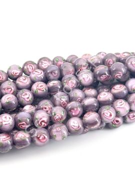 Murano İçten Gül Motifli Dizi Cam Boncuk 10 mm Mürdüm