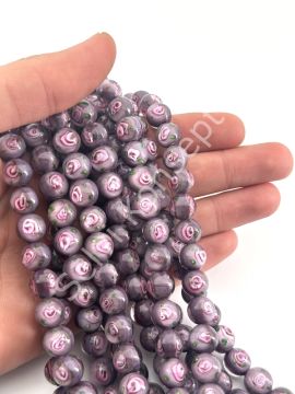 Murano İçten Gül Motifli Dizi Cam Boncuk 10 mm Mürdüm