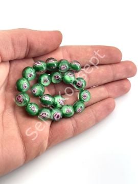 Murano İçten Gül Motifli Dizi Cam Boncuk 10 mm Yeşil