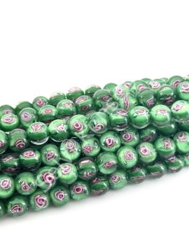 Murano İçten Gül Motifli Dizi Cam Boncuk 10 mm Yeşil