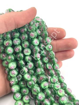 Murano İçten Gül Motifli Dizi Cam Boncuk 10 mm Yeşil