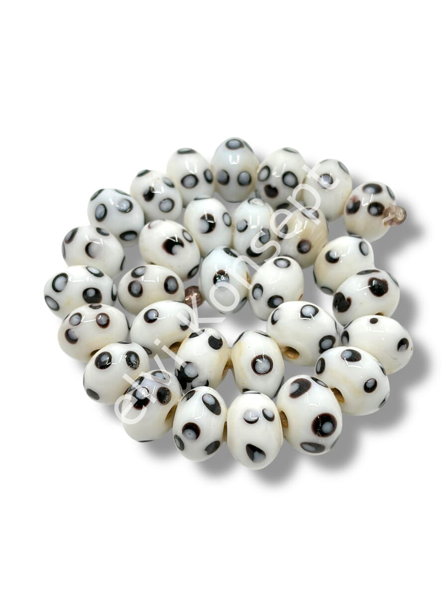 Şarlama Sanatı Benekli Tombul Rondela Beyaz Dizi Cam Boncuk