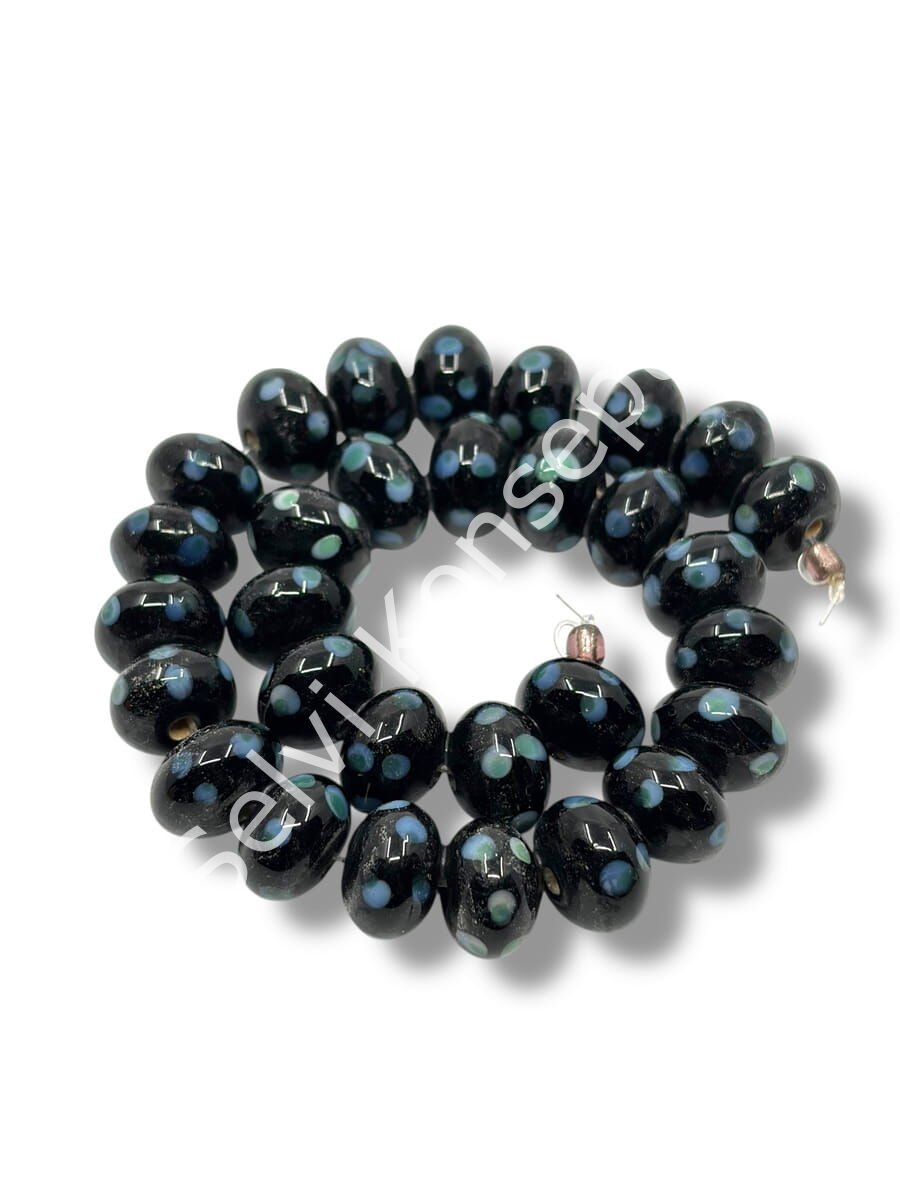 Şarlama Sanatı Benekli Tombul Rondela Siyah Dizi Cam Boncuk