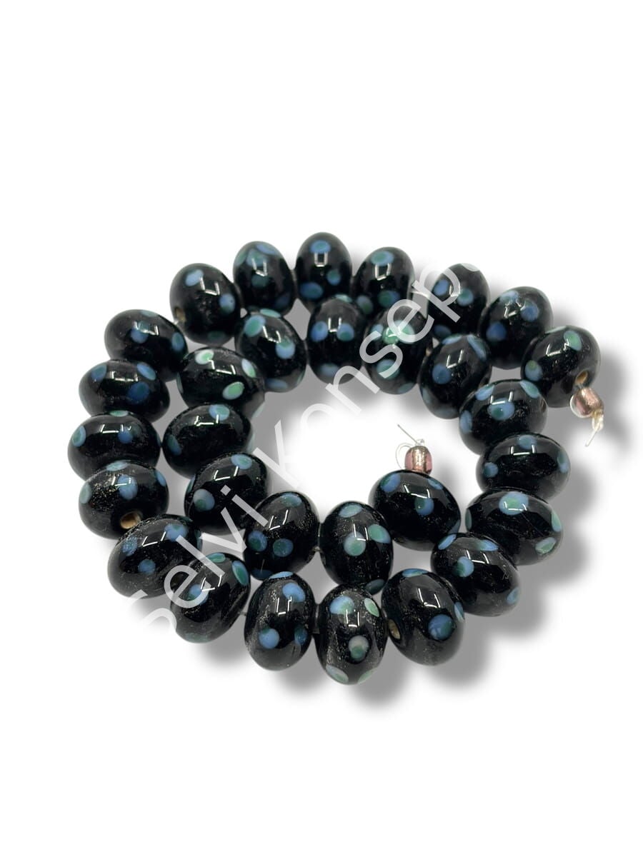 Şarlama Sanatı Benekli Tombul Rondela Siyah Dizi Cam Boncuk