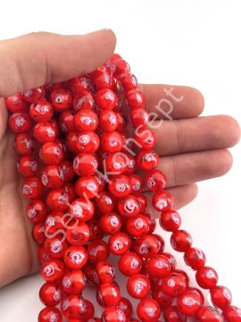 Murano İçten Gül Motifli Dizi Cam Boncuk 10 mm Kırmızı