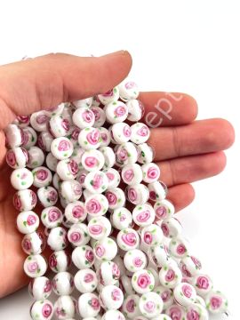 Murano İçten Gül Motifli Dizi Cam Boncuk 10 mm Beyaz