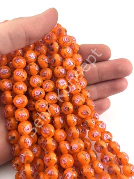 Murano İçten Gül Motifli Dizi Cam Boncuk 10 mm Turuncu