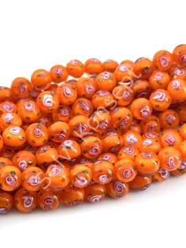 Murano İçten Gül Motifli Dizi Cam Boncuk 10 mm Turuncu