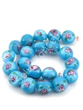 Murano İçten Gül Motifli Dizi Cam Boncuk 10 mm Mavi