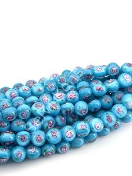 Murano İçten Gül Motifli Dizi Cam Boncuk 10 mm Mavi