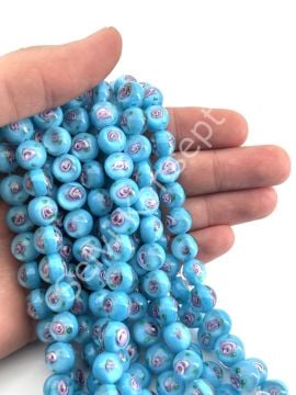 Murano İçten Gül Motifli Dizi Cam Boncuk 10 mm Mavi