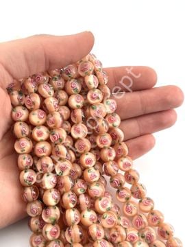 Murano İçten Gül Motifli Dizi Cam Boncuk 10 mm Yavruağzı