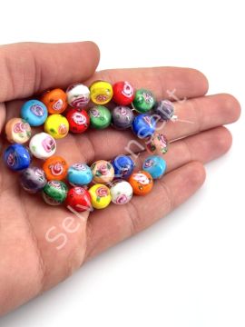 Murano İçten Gül Motifli Dizi Cam Boncuk 10 mm Karışık Renkli