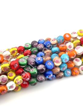 Murano İçten Gül Motifli Dizi Cam Boncuk 10 mm Karışık Renkli