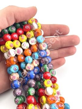 Murano İçten Gül Motifli Dizi Cam Boncuk 10 mm Karışık Renkli