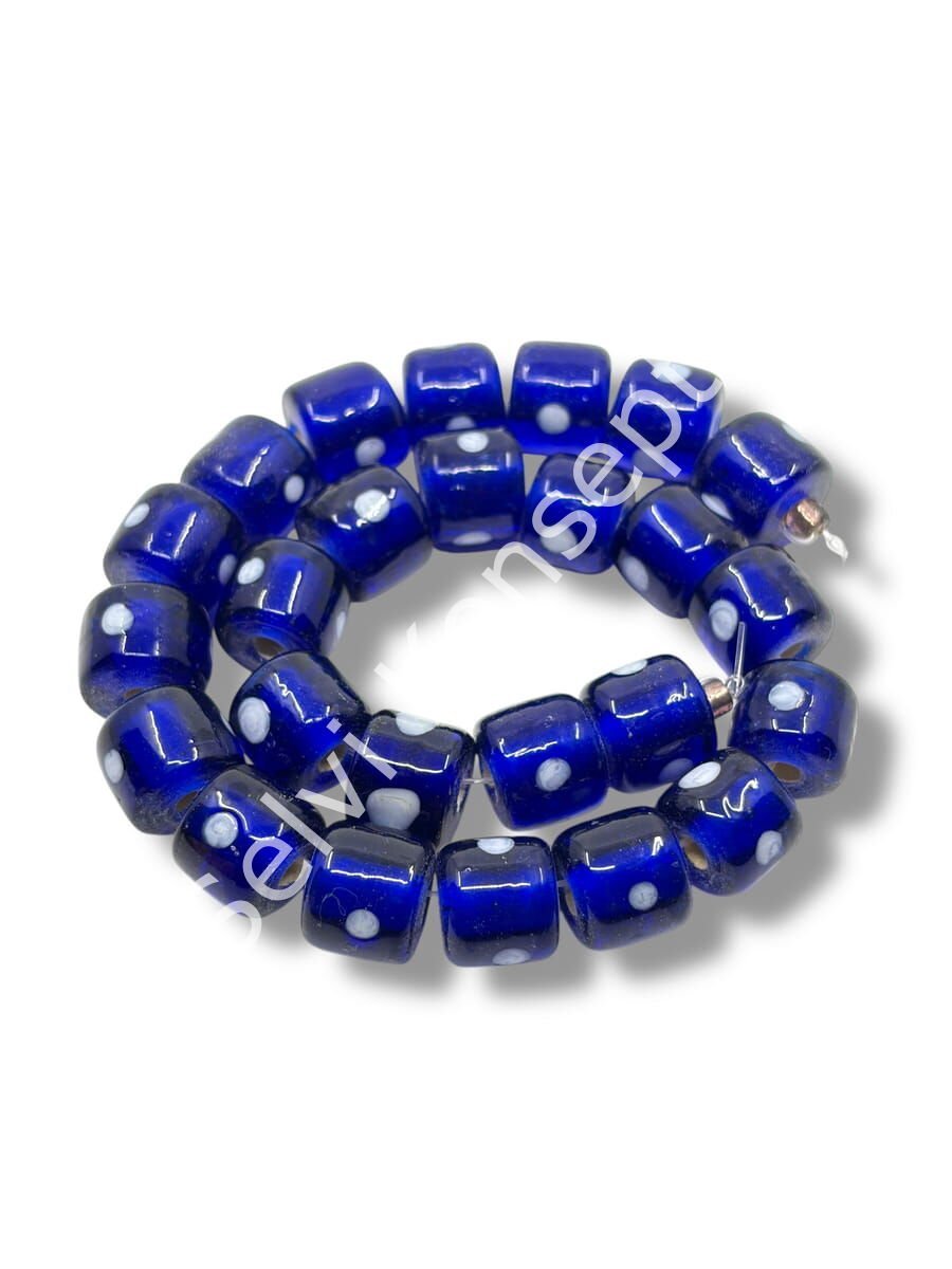 Şarlama Sanatı Benekli Silindir Şeffaf Lacivert Dizi Cam Boncuk