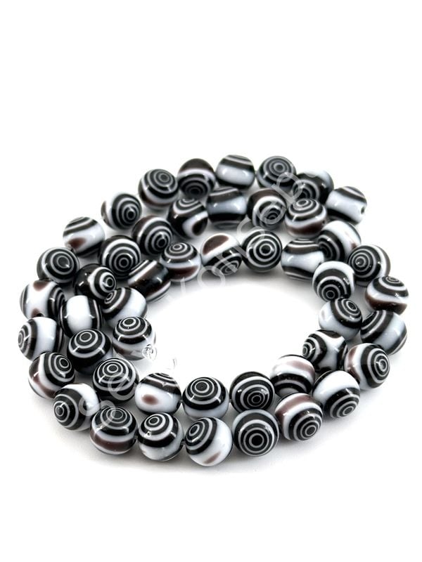Siyah Beyaz Spiral Desenli Dizi Cam Boncuk 8 mm