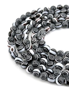 Siyah Beyaz Spiral Desenli Dizi Cam Boncuk 8 mm