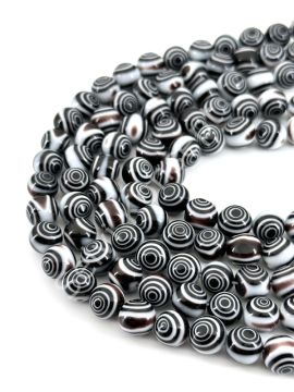 Siyah Beyaz Spiral Desenli Dizi Cam Boncuk 10 mm
