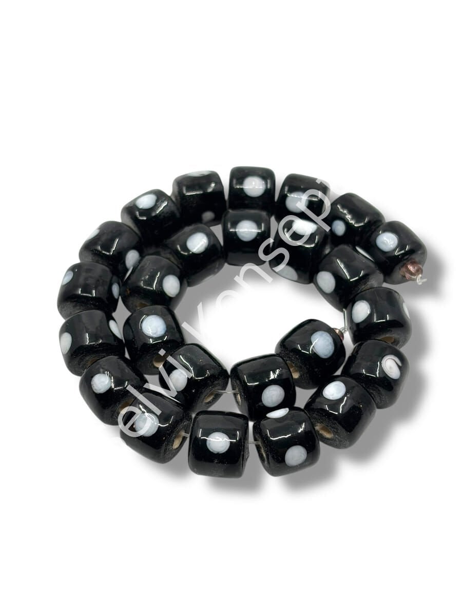 Şarlama Sanatı Benekli Silindir Siyah Dizi Cam Boncuk