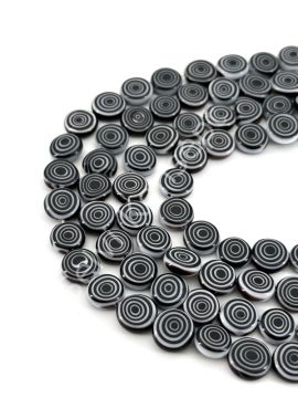Siyah Beyaz Spiral Desenli Yassı Dizi Cam Boncuk 10 mm