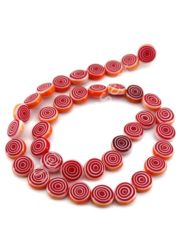 Kırmızı Turuncu Spiral Desenli Yassı Dizi Cam Boncuk 10 mm