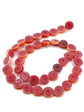 Kırmızı Turuncu Spiral Desenli Yassı Dizi Cam Boncuk 10 mm