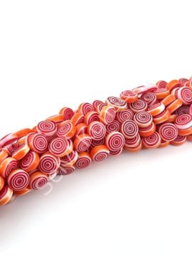 Kırmızı Turuncu Spiral Desenli Yassı Dizi Cam Boncuk 10 mm
