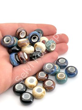 Otantik Seramik Boncuk Geniş Delik Rondela 14 mm