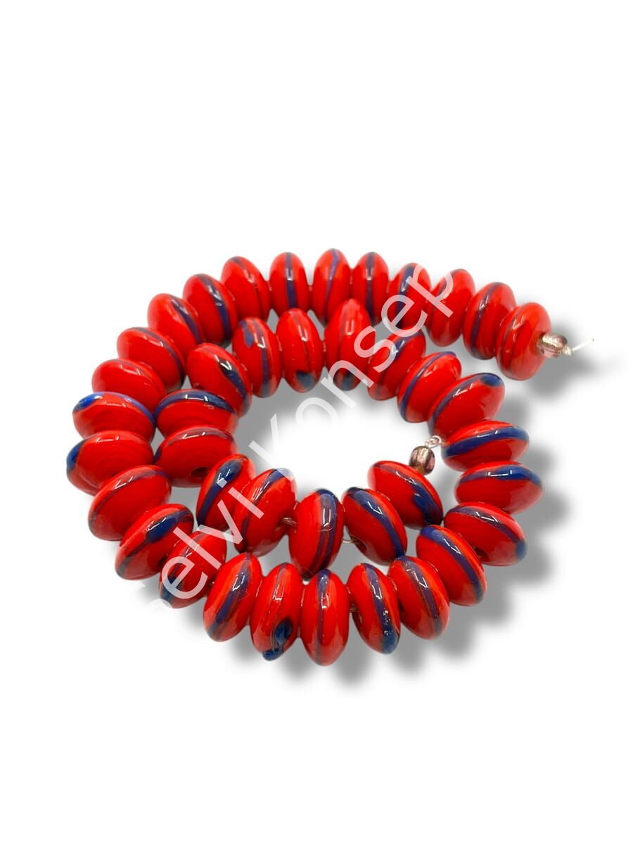Şarlama Sanatı Geometrik Çizgili Rondela Kırmızı Dizi Cam Boncuk