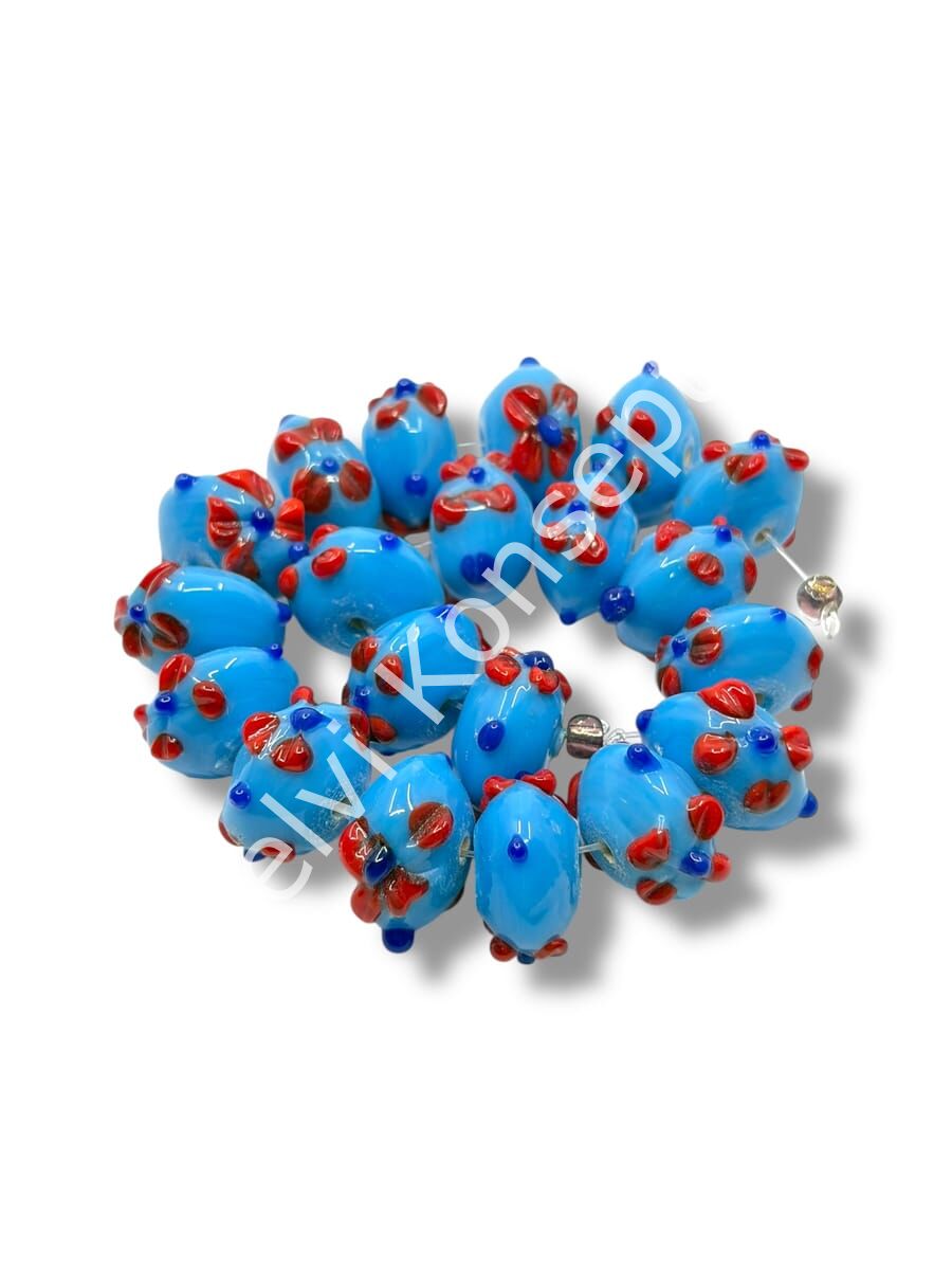 Şarlama Sanatı Çiçek İşlemeli Rondela Mavi Dizi Cam Boncuk