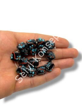 Şarlama Sanatı Çiçek İşlemeli Kısa Silindir Siyah Dizi Cam Boncuk