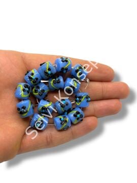 Şarlama Sanatı Çiçek İşlemeli Kısa Silindir Saks Mavi Dizi Cam Boncuk