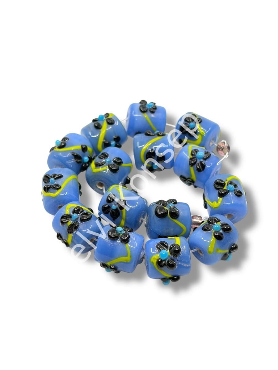 Şarlama Sanatı Çiçek İşlemeli Kısa Silindir Saks Mavi Dizi Cam Boncuk